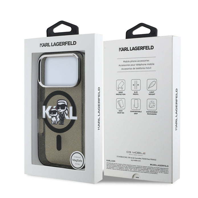 Karl Lagerfeld iPhone 17 Pro Parlayan Simli Karl & Choupette Sketch Logo Kılıf