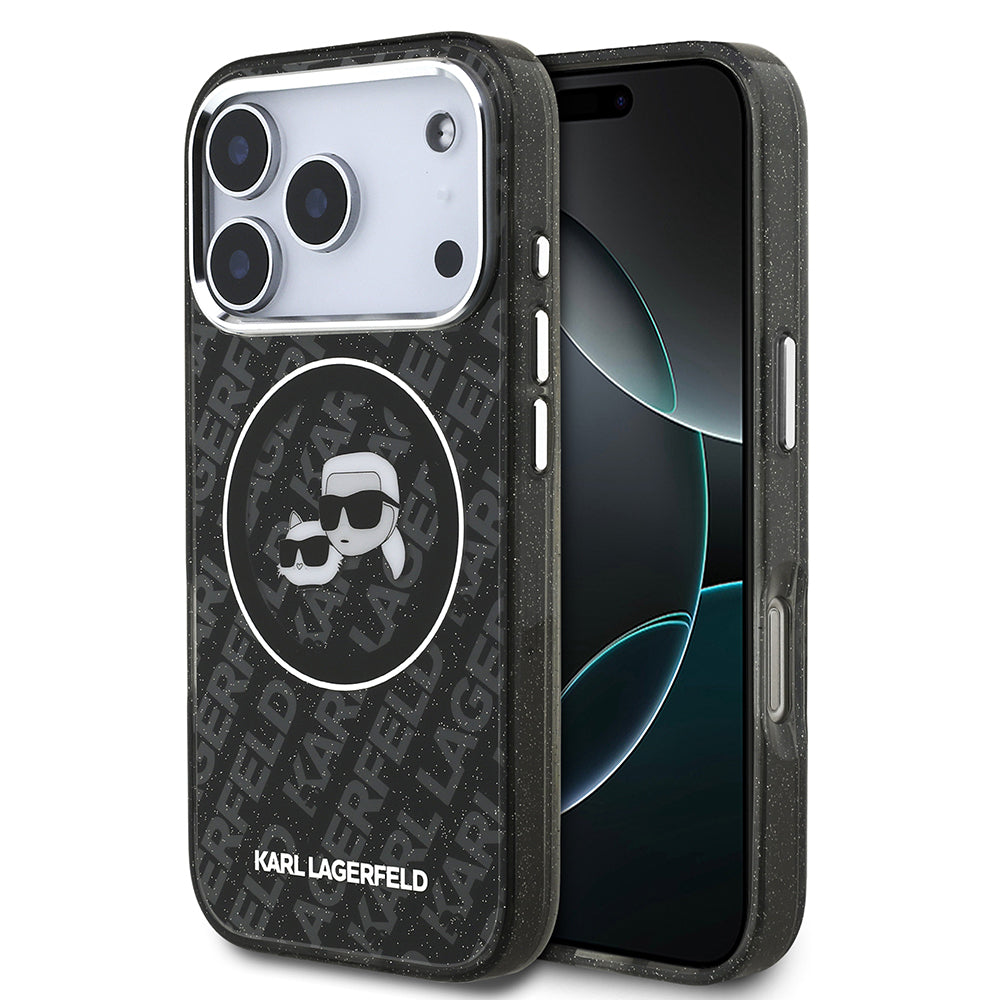 Karl Lagerfeld iPhone 17 Pro Max Parlayan Simli Karl & Choupette Heads Kılıf