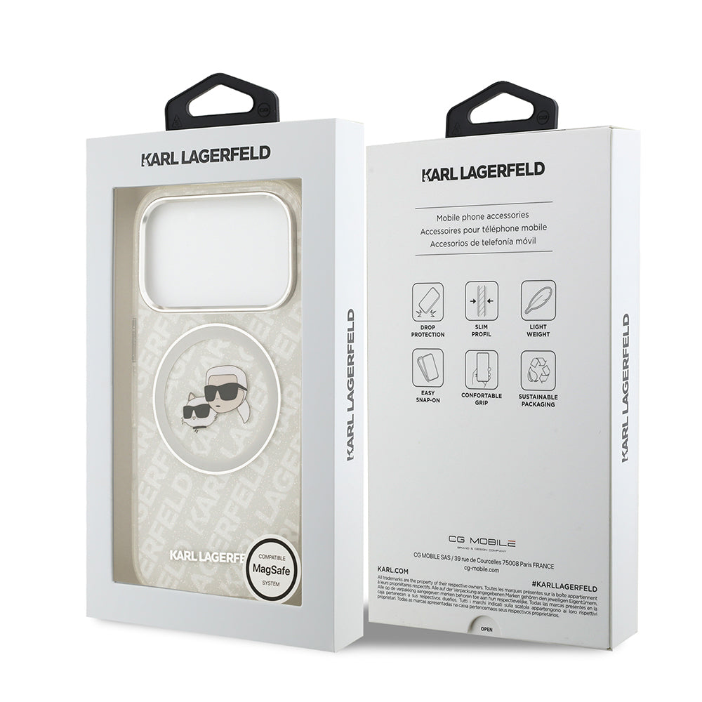 Karl Lagerfeld iPhone 17 Pro Max Parlayan Simli Karl & Choupette Heads Kılıf