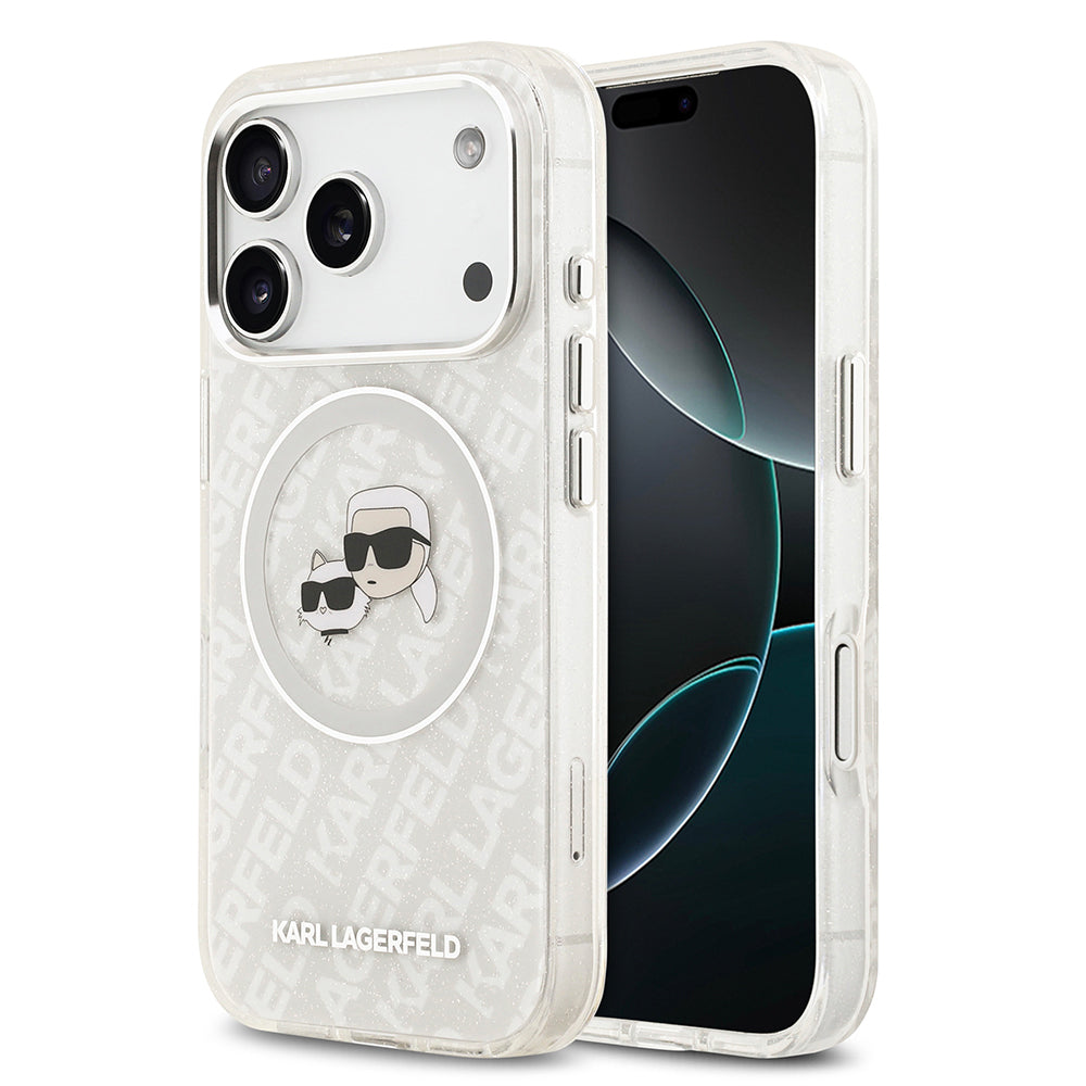 Karl Lagerfeld iPhone 17 Pro Max Parlayan Simli Karl & Choupette Heads Kılıf