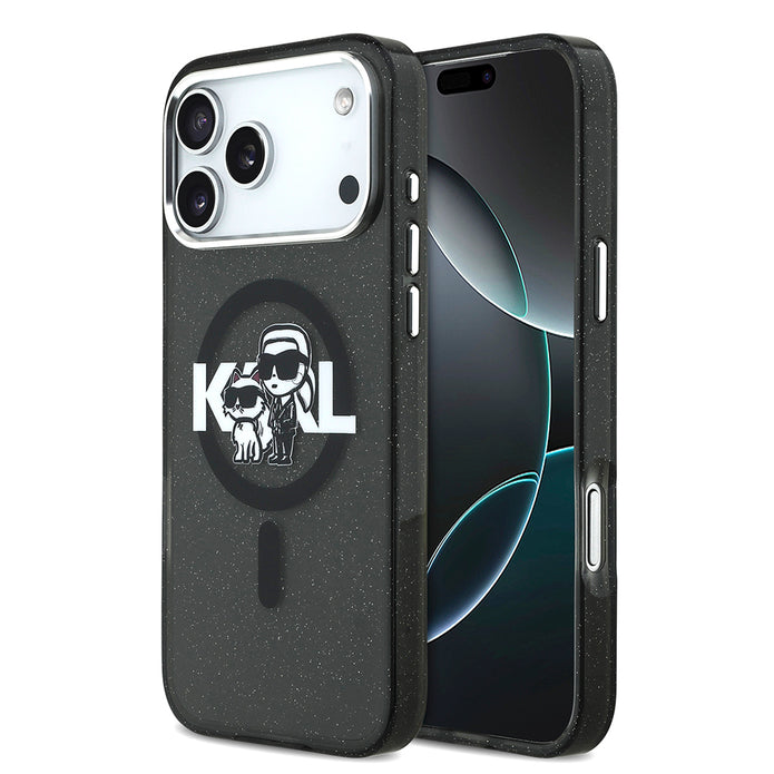Karl Lagerfeld iPhone 17 Pro Max Parlayan Simli Karl & Choupette Sketch Logo Kılıf