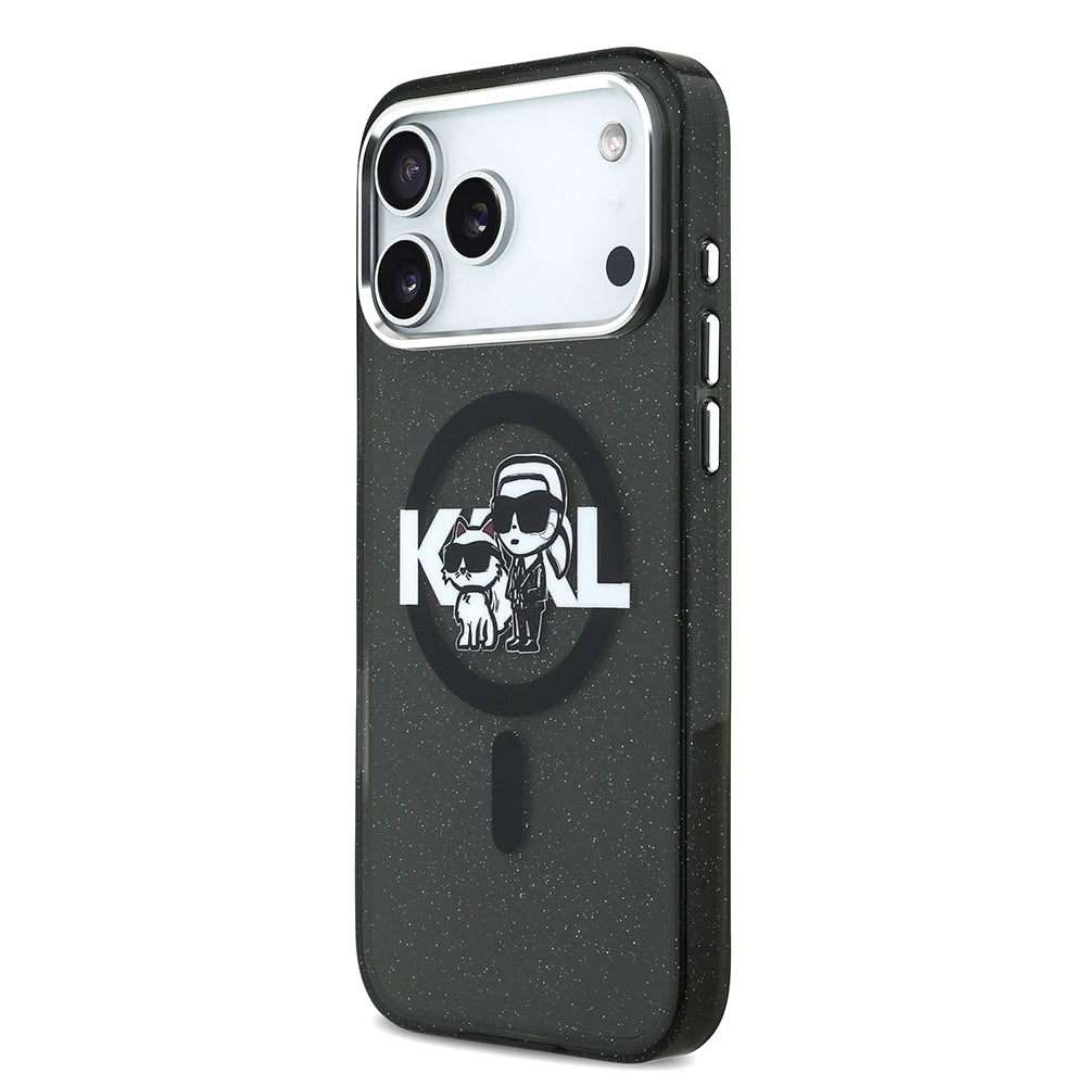 Karl Lagerfeld iPhone 17 Pro Max Parlayan Simli Karl & Choupette Sketch Logo Kılıf