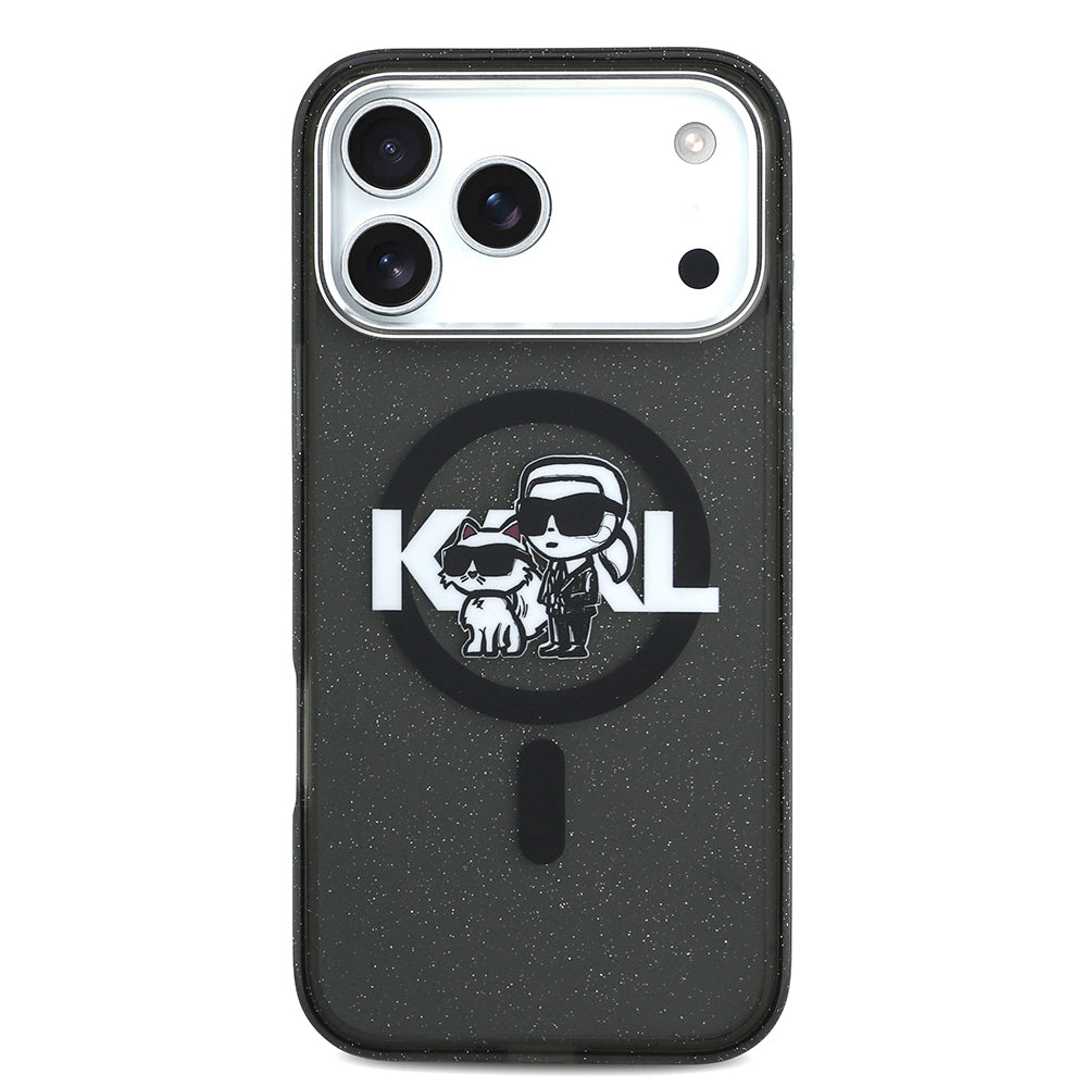Karl Lagerfeld iPhone 17 Pro Max Parlayan Simli Karl & Choupette Sketch Logo Kılıf