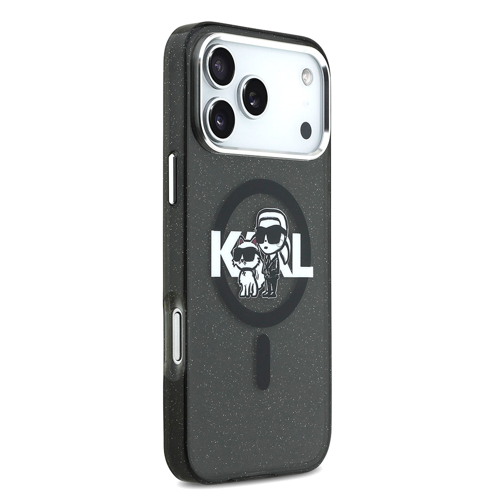 Karl Lagerfeld iPhone 17 Pro Max Parlayan Simli Karl & Choupette Sketch Logo Kılıf