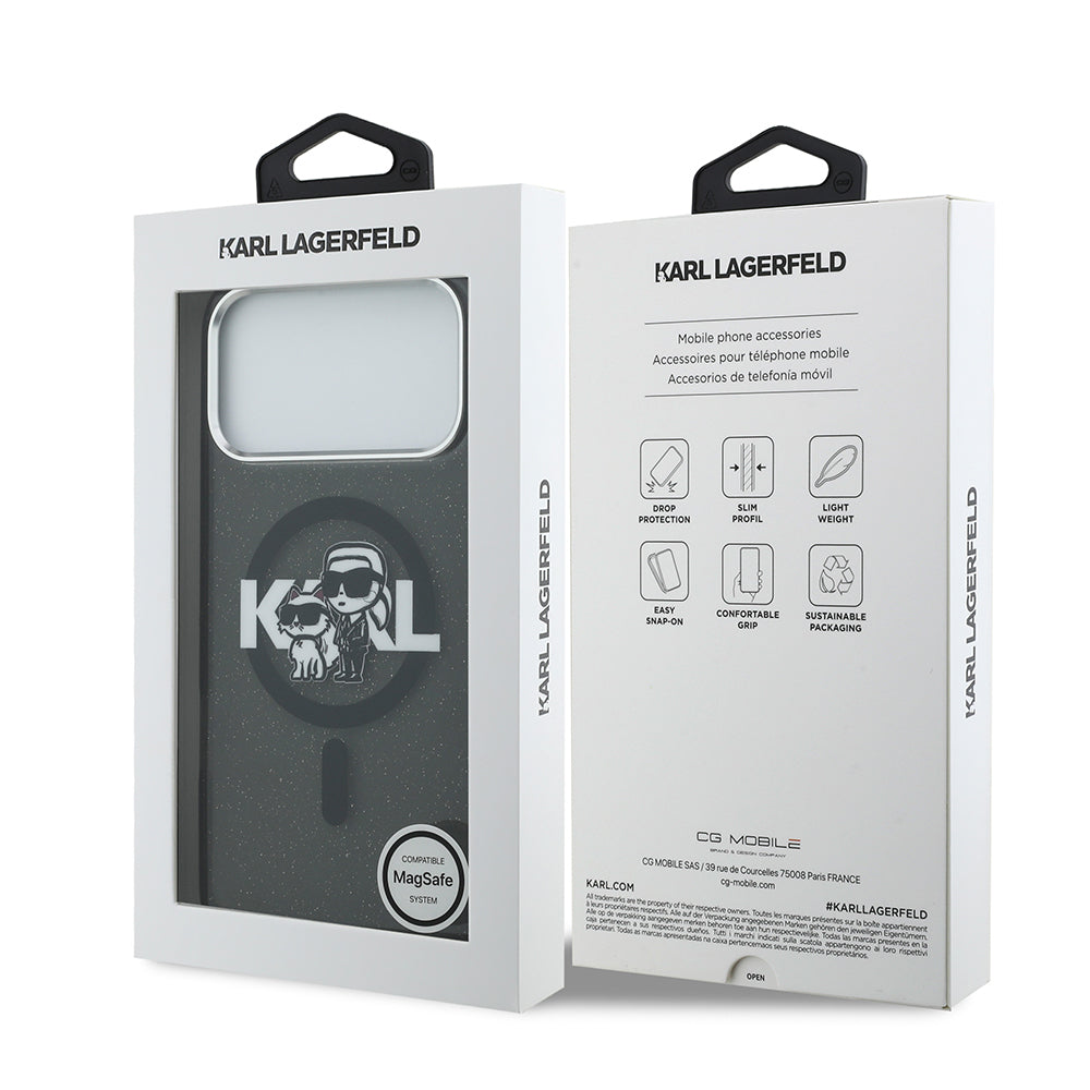 Karl Lagerfeld iPhone 17 Pro Max Parlayan Simli Karl & Choupette Sketch Logo Kılıf