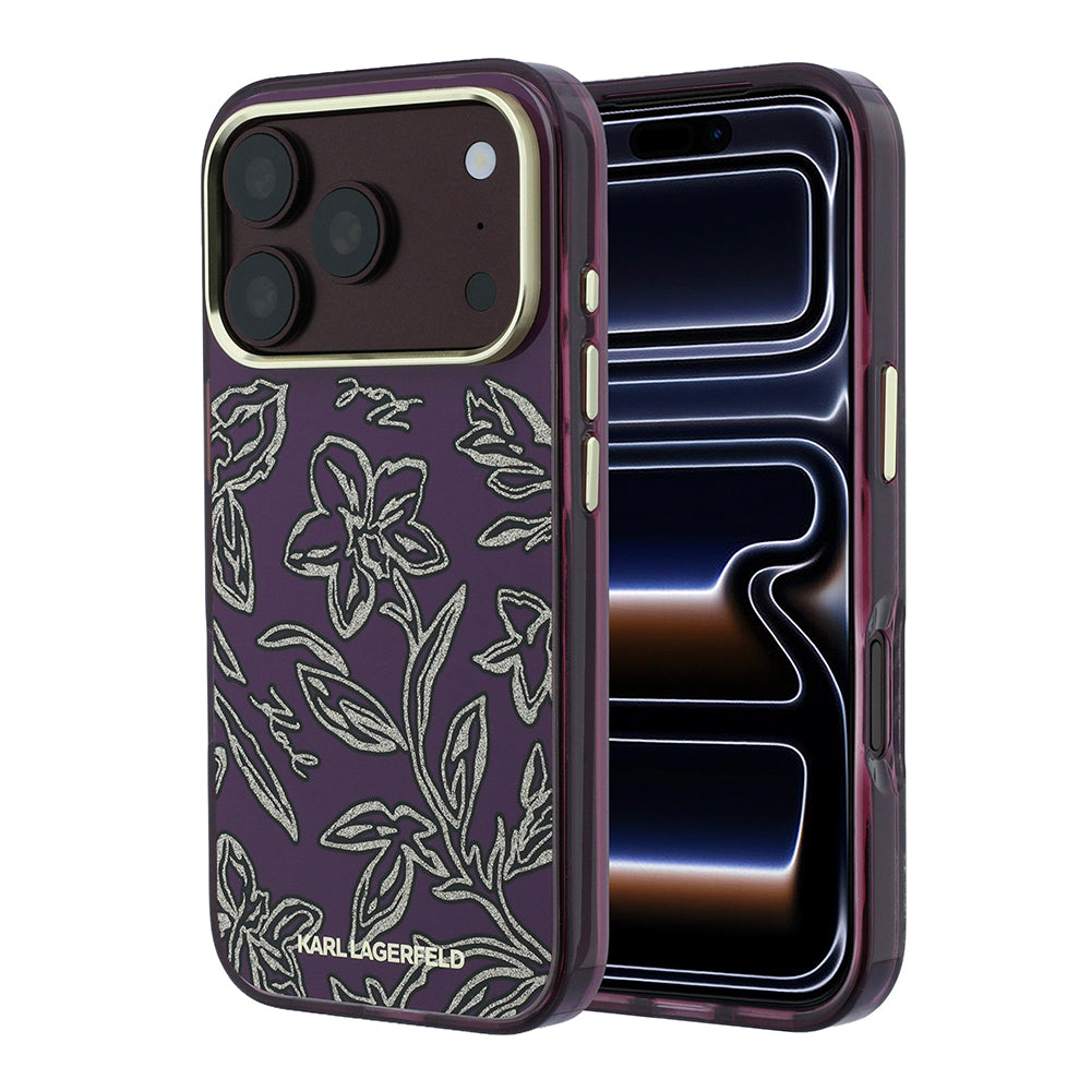 Karl Lagerfeld iPhone 18 Pro Çiçek Tasarımlı Gold Metal Kamera Çerçeveli MagSafe Uyumlu Kılıf