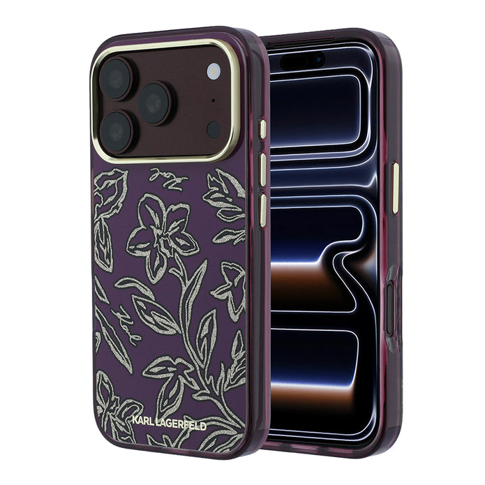Karl Lagerfeld iPhone 18 Pro Çiçek Tasarımlı Gold Metal Kamera Çerçeveli MagSafe Uyumlu Kılıf