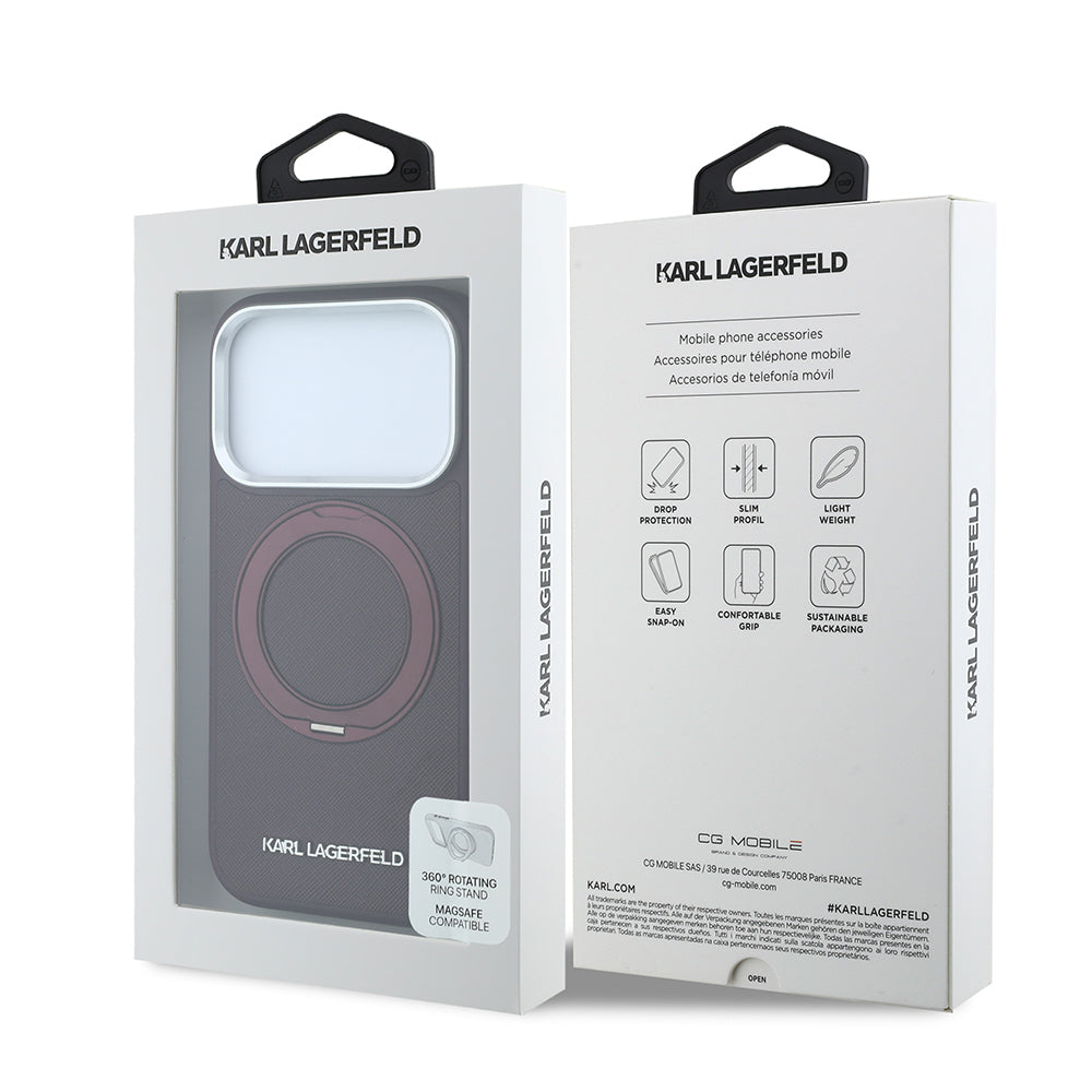 Karl Lagerfeld iPhone 18 Pro Metal Logolu PU Saffiano 360° Standlı MagSafe Uyumlu Kılıf