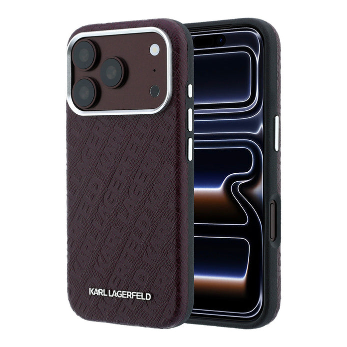Karl Lagerfeld iPhone 18 Pro Damgalı PU Deri Metal Yazı Logolu Grained Kılıf