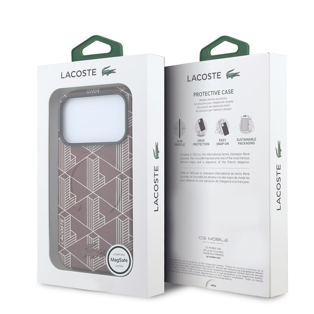 Lacoste iPhone 18 Pro Karışık Monogram Desenli Deri Metal Logolu MagSafe Uyumlu Kılıf