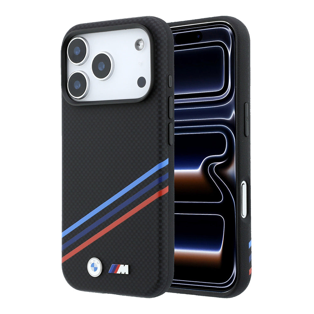 BMW iPhone 18 Pro Max Üç Şeritli Metal M Logolu Kevlar Karbon Fiber MagSafe Uyumlu Kılıf