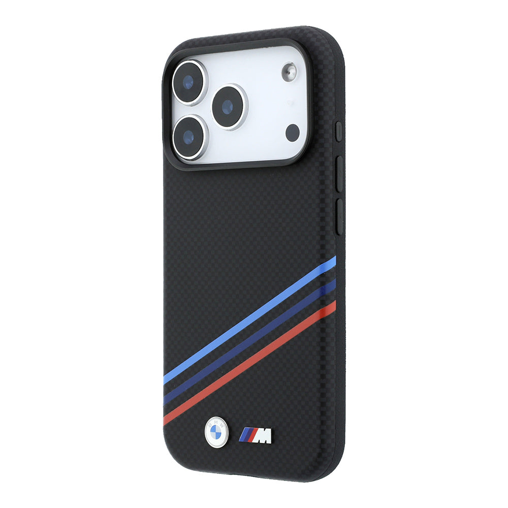 BMW iPhone 18 Pro Max Üç Şeritli Metal M Logolu Kevlar Karbon Fiber MagSafe Uyumlu Kılıf