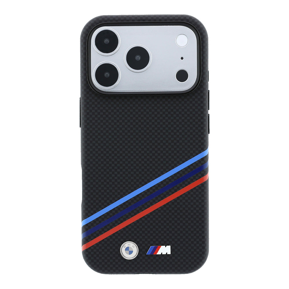BMW iPhone 18 Pro Max Üç Şeritli Metal M Logolu Kevlar Karbon Fiber MagSafe Uyumlu Kılıf