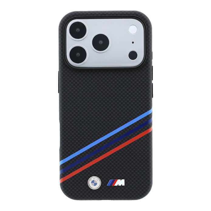 BMW iPhone 18 Pro Max Üç Şeritli Metal M Logolu Kevlar Karbon Fiber MagSafe Uyumlu Kılıf