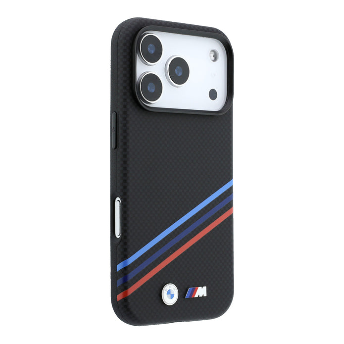 BMW iPhone 18 Pro Max Üç Şeritli Metal M Logolu Kevlar Karbon Fiber MagSafe Uyumlu Kılıf