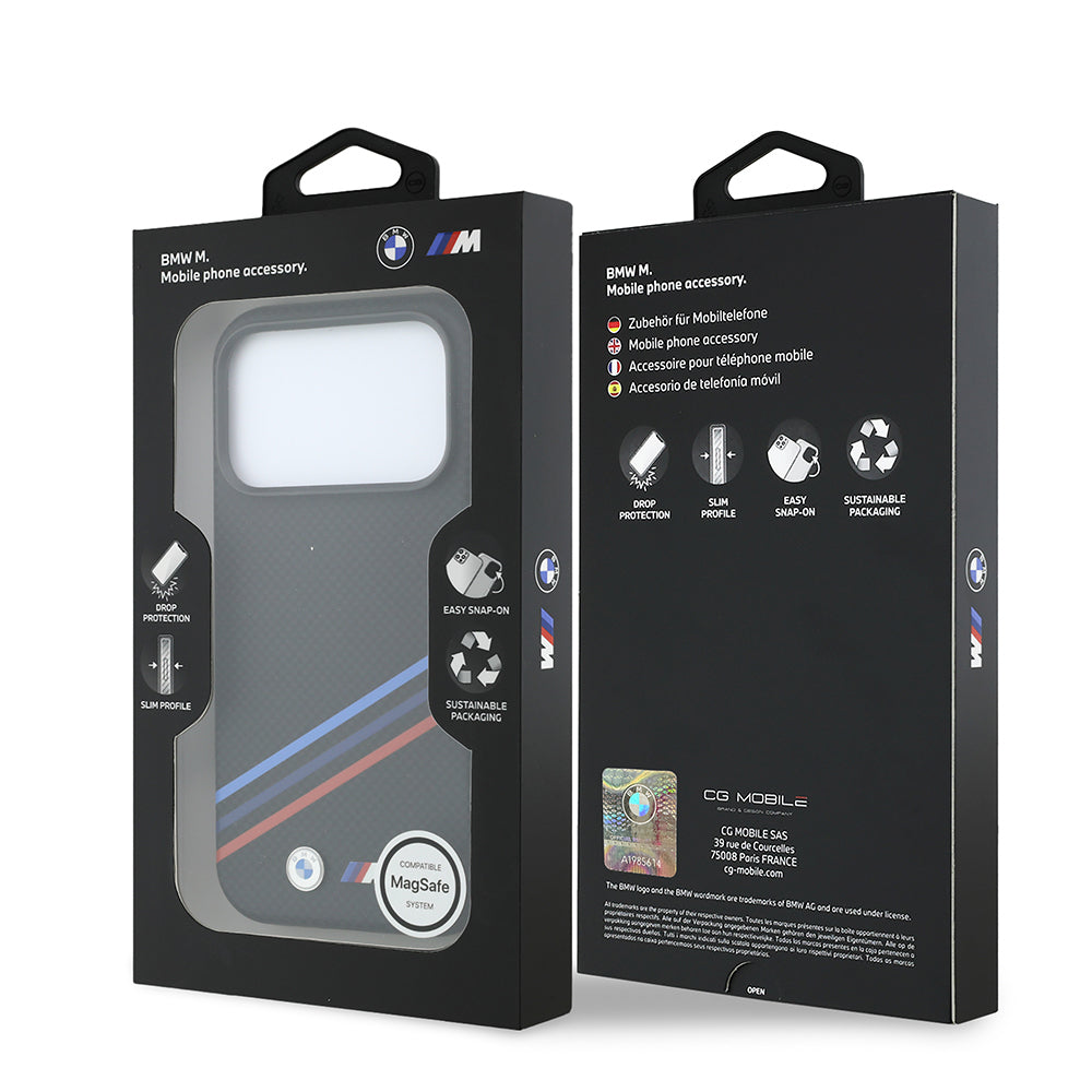 BMW iPhone 18 Pro Max Üç Şeritli Metal M Logolu Kevlar Karbon Fiber MagSafe Uyumlu Kılıf