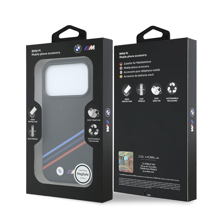 BMW iPhone 18 Pro Max Üç Şeritli Metal M Logolu Kevlar Karbon Fiber MagSafe Uyumlu Kılıf