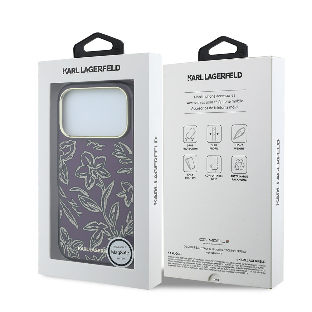 Karl Lagerfeld iPhone 18 Pro Max Çiçek Tasarımlı Gold Metal Kamera Çerçeveli MagSafe Uyumlu Kılıf