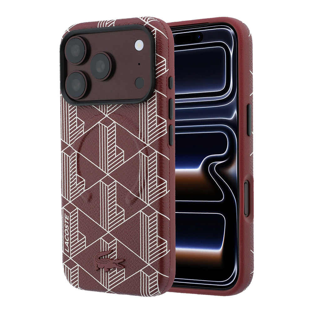 Lacoste iPhone 18 Pro Max Karışık Monogram Desenli Deri Metal Logolu MagSafe Uyumlu Kılıf