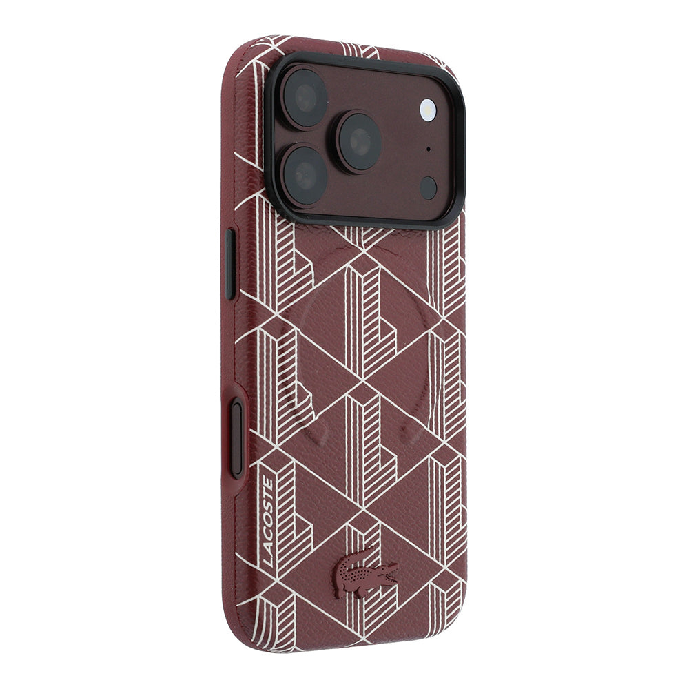 Lacoste iPhone 18 Pro Max Karışık Monogram Desenli Deri Metal Logolu MagSafe Uyumlu Kılıf