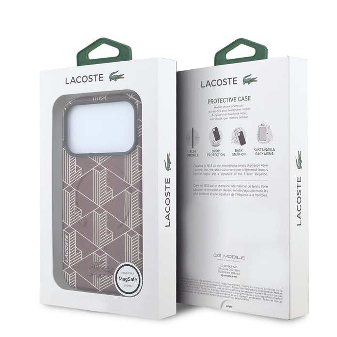 Lacoste iPhone 18 Pro Max Karışık Monogram Desenli Deri Metal Logolu MagSafe Uyumlu Kılıf