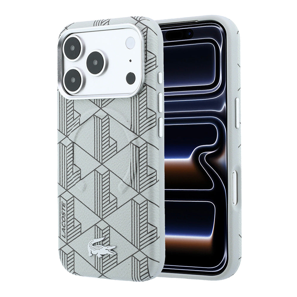 Lacoste iPhone 18 Pro Max Karışık Monogram Desenli Deri Metal Logolu MagSafe Uyumlu Kılıf