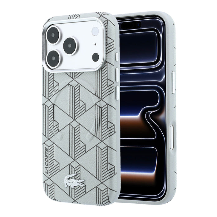 Lacoste iPhone 18 Pro Max Karışık Monogram Desenli Deri Metal Logolu MagSafe Uyumlu Kılıf