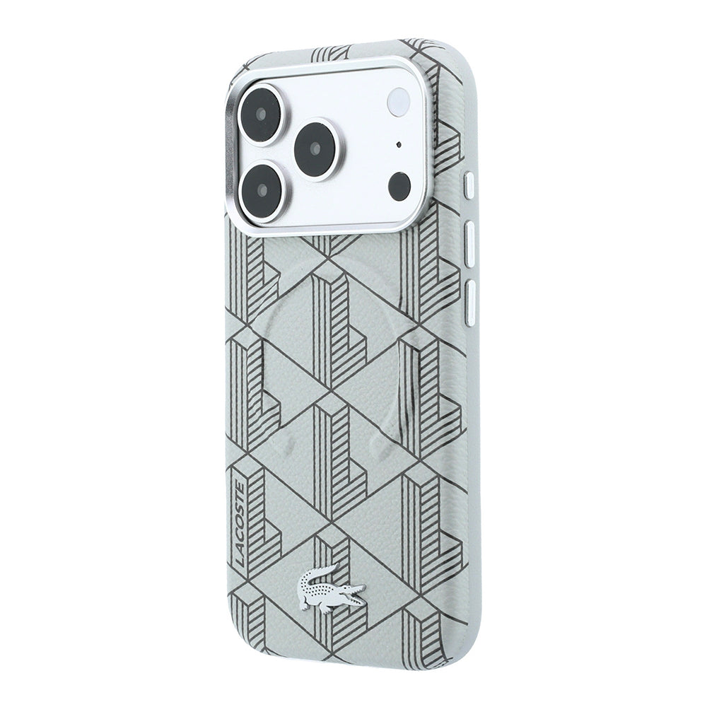 Lacoste iPhone 18 Pro Max Karışık Monogram Desenli Deri Metal Logolu MagSafe Uyumlu Kılıf