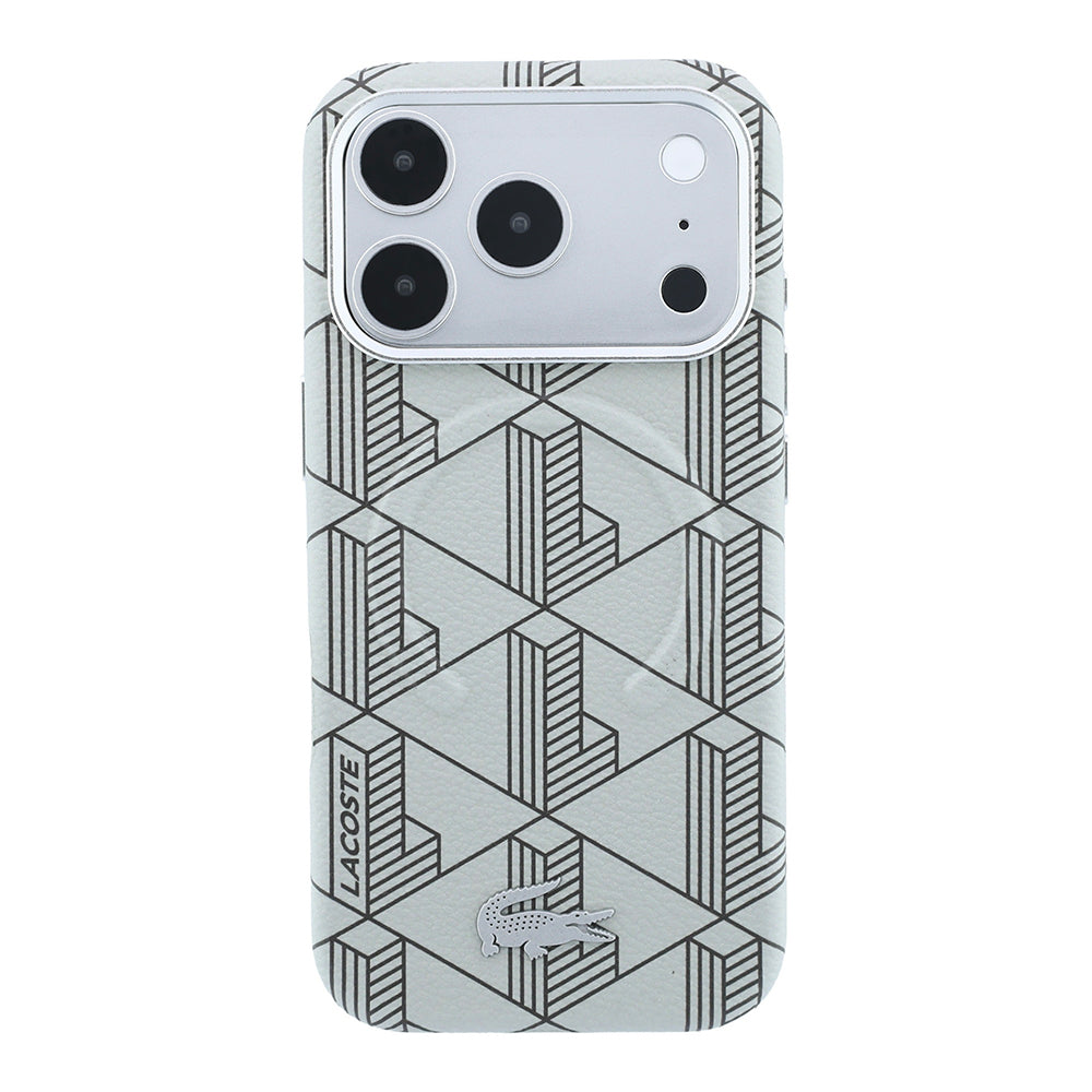 Lacoste iPhone 18 Pro Max Karışık Monogram Desenli Deri Metal Logolu MagSafe Uyumlu Kılıf