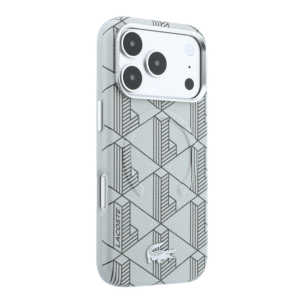 Lacoste iPhone 18 Pro Max Karışık Monogram Desenli Deri Metal Logolu MagSafe Uyumlu Kılıf