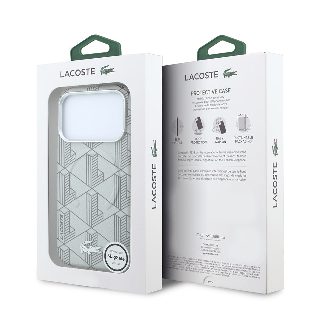 Lacoste iPhone 18 Pro Max Karışık Monogram Desenli Deri Metal Logolu MagSafe Uyumlu Kılıf