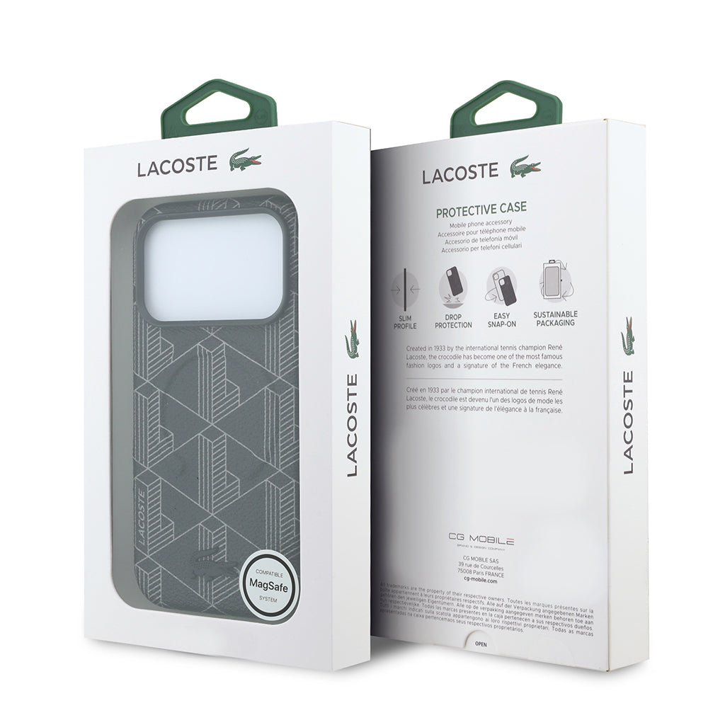 Lacoste iPhone 18 Pro Max Karışık Monogram Desenli Deri Metal Logolu MagSafe Uyumlu Kılıf