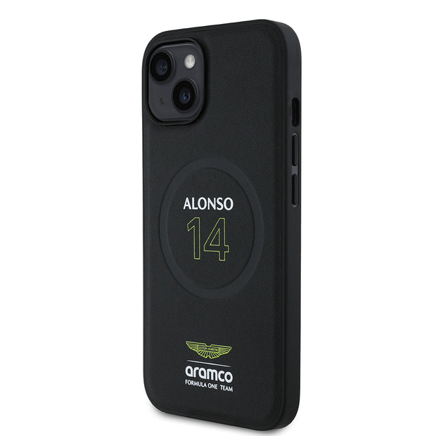 Apple iPhone 14 Kılıf Aston Martin Orjinal Lisanslı M-safe Şarj Özellikli PU Deri Alonso 14 Baskılı Kapak – Fotoğraf 2