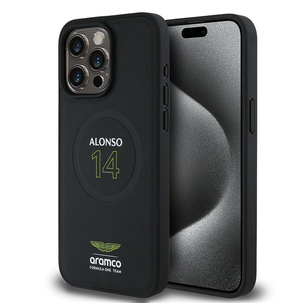 Apple iPhone 15 Pro Max Kılıf Aston Martin Orjinal Lisanslı M-safe Şarj Özellikli PU Deri Alonso 14 Baskılı Kapak – Fotoğraf 1
