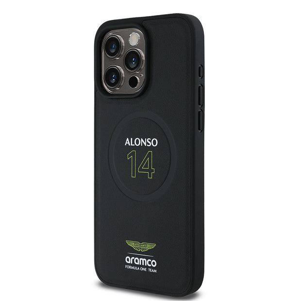 Apple iPhone 15 Pro Max Kılıf Aston Martin Orjinal Lisanslı M-safe Şarj Özellikli PU Deri Alonso 14 Baskılı Kapak – Fotoğraf 2