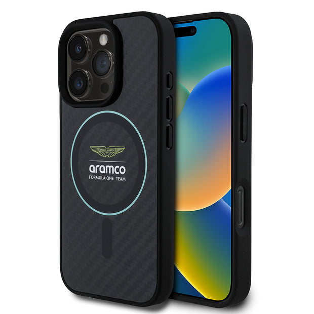 Aston Martin iPhone 16 Pro Max Renkli Halkalı Karbon Fiber Tasarımlı MagSafe Uyumlu Kılıf – Fotoğraf 1