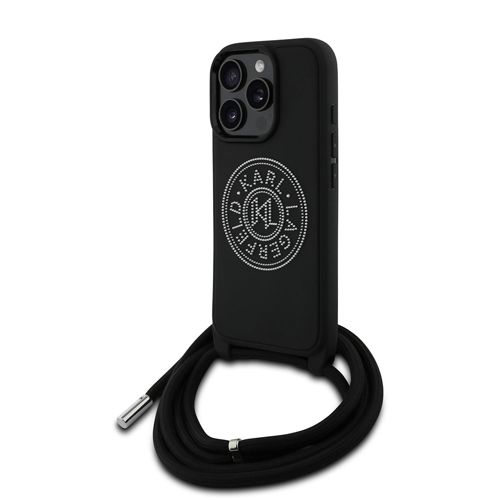 Karl Lagerfeld iPhone 16 Pro Max Askılı Taşlı KL Yazılı Crossbody Cord Kılıf