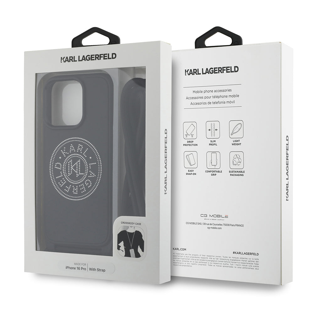 Karl Lagerfeld iPhone 16 Pro Max Askılı Taşlı KL Yazılı Crossbody Cord Kılıf